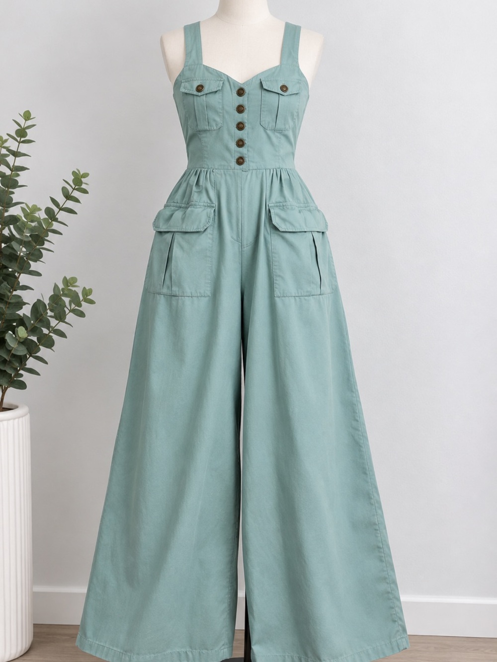 High-Waist Wide Leg Jumpsuit - Sage Green